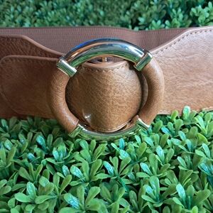 Stretch Wide Womens Belt | Camel Brown w Gold Buckle | Size 90